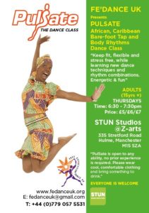 Promotional image for Pulsate Afro-Caribbean dance. Photo of a woman wearing a colourful printed matching skirt, top and hat jumping up in the air.