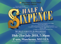 Promotional Flyer for 'Half a Sixpence' by Manchester Musical Youth. Yellow font on a blue and green background.