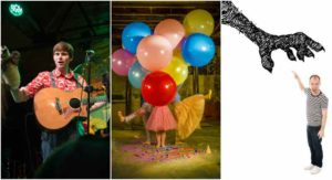 3 images side by side. First is a Photo of a young man with short brown hair wearing a red and white patterned shirt holding a puppet and a guitar. The second picture is of three people holding large red, yellow, green, pink and blue balloons, only their legs are visible. The third picture is of a man wearing dark trousers and a black and white stripy top pointing up at a large monster's claw on a white background.