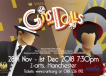 Promotional flyer for Guys and Dolls by Manchester Musical Youth. The flyer is an art deco style image of a man and a woman.