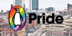 Image of Manchester skyline with Penguin logo and word 'Pride'
