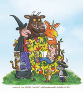 Artwork by Axel Schaeffer of Julia Donaldson characters including Zog, The Gruffalo, Stick Man, and the witch from 'Room on the Broom'