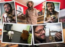 Montage of photos of man with long hair and a beard holding various animals including a ferret and a snake.