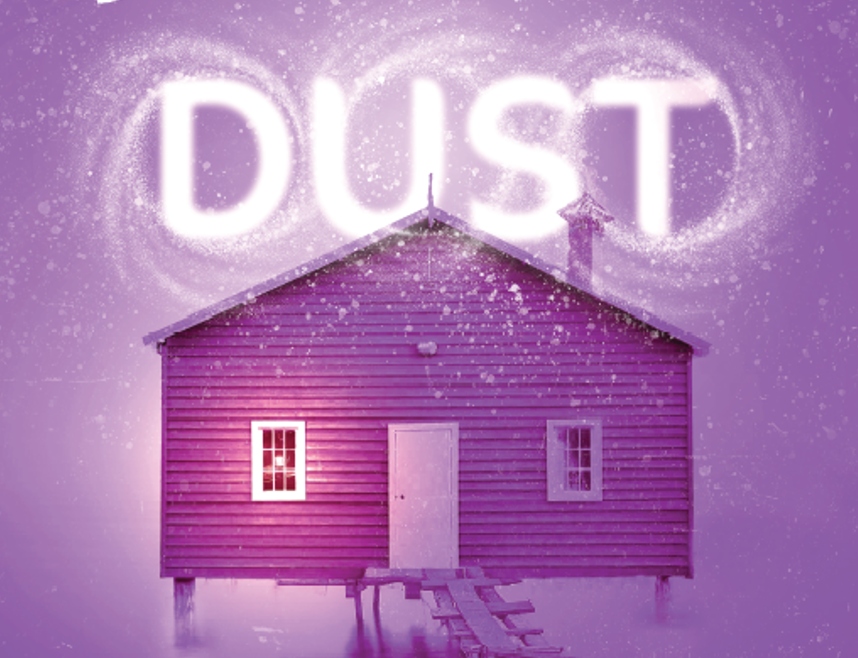 Promo image for Dust. Photo of a wooden purple house with a chimney on a lighter purple background. The word 'Dust' is written above the house in white swirly font.