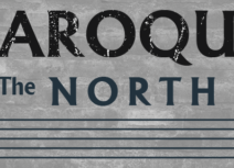 Baroque in the North logo, black font in capital letters on a grey background, five black lines are beneath the text