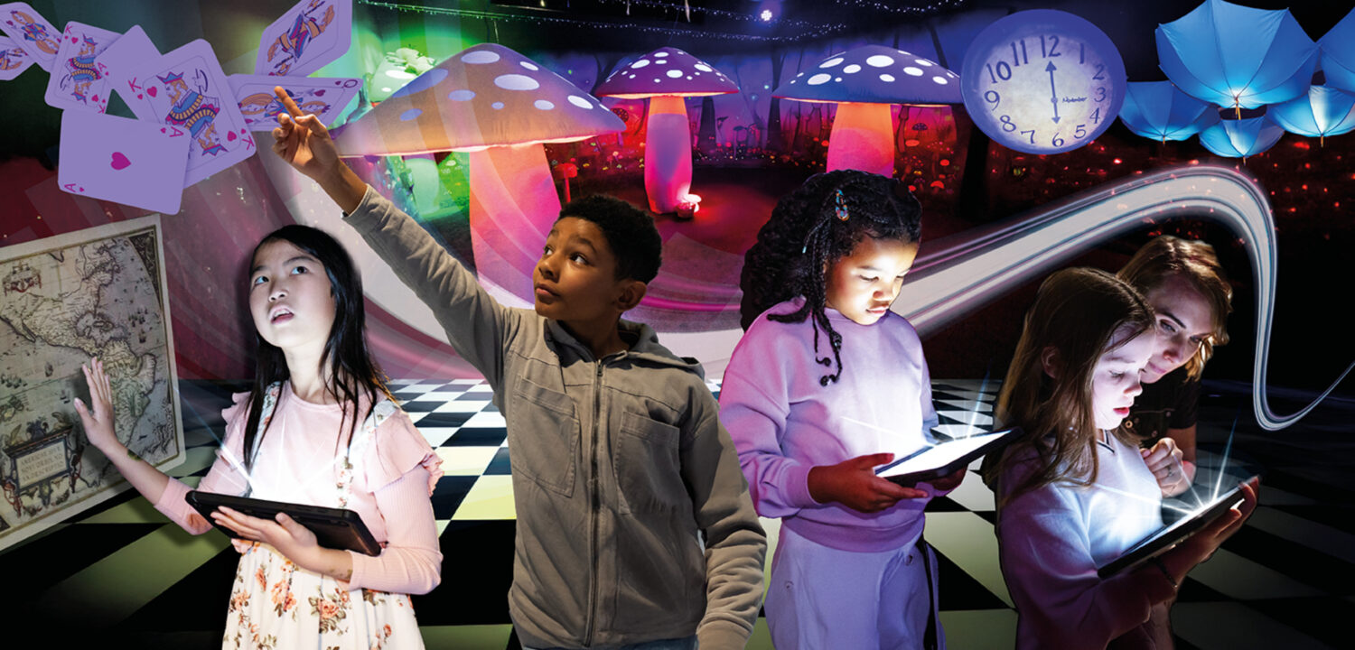 Children exploring the immersive Wonderland set at Z-arts, Manchester, as part of Mission: Mad Hatter